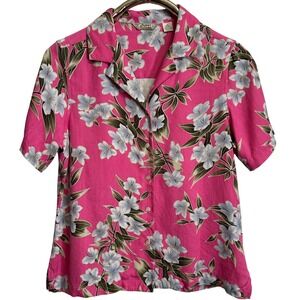 Tommy Bahama 100% Silk Floral Shirt Womens Medium Pink Short Sleeve Tropical Cam